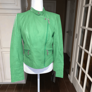 Bernardo Women's Leather Biker Full-Zip Jacket Band Neck Light Green Size S